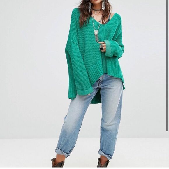 Free People Oversized V-Neck Sweater Sz XS/S Kelly Green Chunky Knit Pullover - Picture 5 of 10